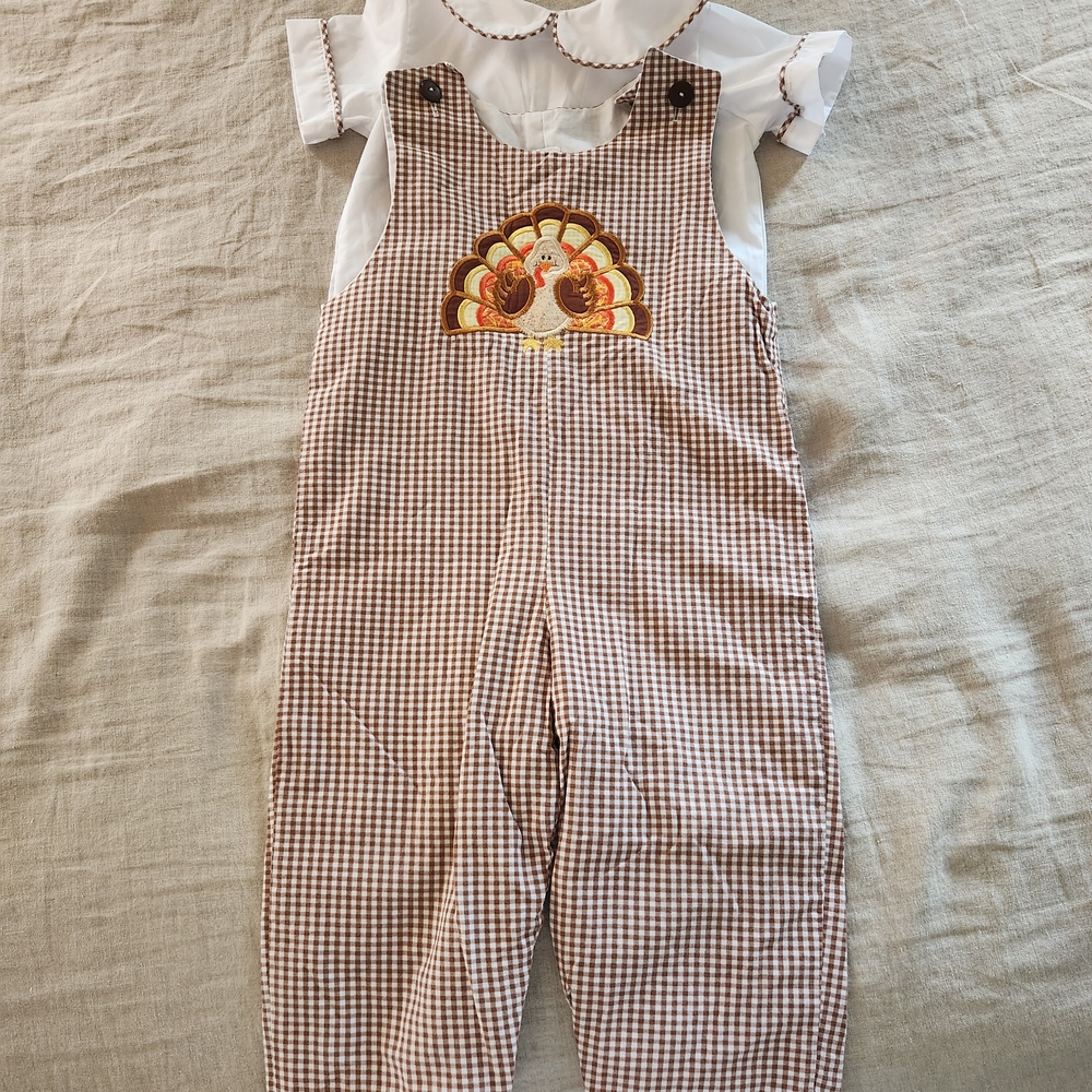 Brown and White Kids Overalls with Turkey Design